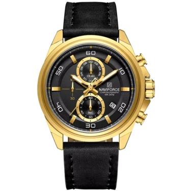 Imagem de Relógio Masculino Pulseira De Couro Genuíno Com Cronógrafo De Quartzo Esportivo 30m Preto Dourado