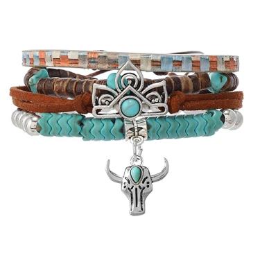 Imagem de WCRAZYE Pulseiras femininas Western Cowgirl feitas à mão turquesa cabeça de boi botas de vaca com contas empilháveis pulseiras elásticas joias boêmias presentes, Medium, Vidro Vidro Turquesa Cordão