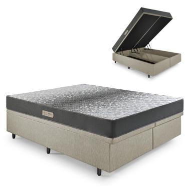 Imagem de Cama Baú King 193x203 Courino Linho Bege com Dual Firm Espuma Ecoflex
