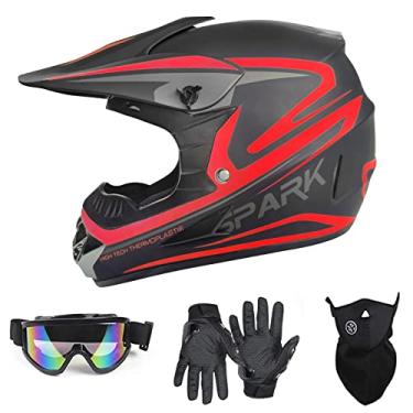 Imagem de Capacete juvenil para quadriciclo motocross off-road para motociclos de rosto inteiro aprovado pelo DOT BMX 4 rodas MX Downhill Mountain Bike capacete com luvas de óculos SUV protetor facial (vermelho