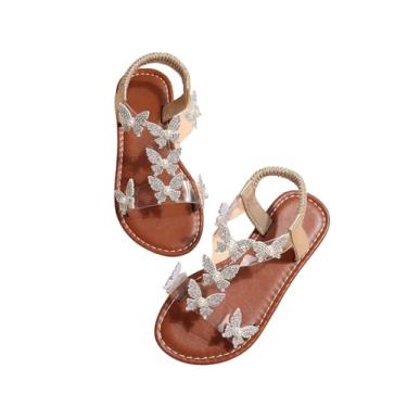 Imagem de GORGLITTER Sandálias femininas borboleta transparente strass glitter tira no tornozelo sandálias planas verão praia férias sandália, Ouro rosa, 13.5 Big Kid