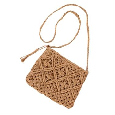 Imagem de SHAREYOIU Bolsa feminina de algodão com borla de palha bolsa de tecido bolsa de praia de verão bolsa de ombro bolsas de mão, nº 2 carmelo