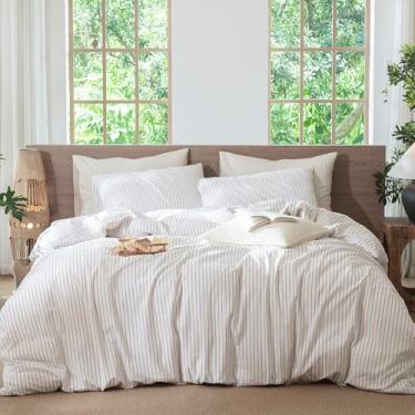 Imagem de MooMee Conjunto de capa de edredom listrado 100% algodão lavado como linho texturizado respirável durável macio confortável (listras largas brancas laranja, completo 203 x 228 cm)
