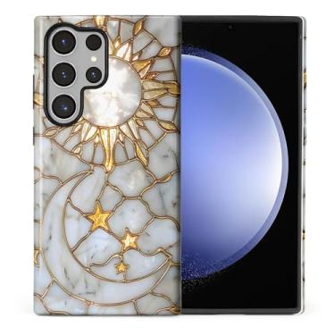 Imagem de CARLOCA Compatível com Samsung Galaxy S24 Ultra Full Body Protective Glossy Case para meninas meninos à prova de choque moda estética padrão branco mármore dourado sol lua mosaico