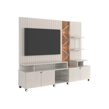 Imagem de Home Cross Frisado - Mdp-mdf Divisória E Prateleira De Vidro Led Embutidas Off White-jequitiba - Lukaliam Móveis Off White-jequitiba