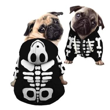 Imagem de Howilath Fantasia de Halloween de osso de cachorro, roupas de animal de estimação com capuz de esqueleto, roupas de caveira com zíper para cães, moletom com chapéu, camisetas com capuz para cães e