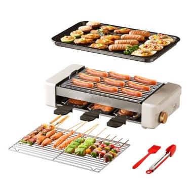 Imagem de AORAN Churrasqueira elétrica para uso interno, sem fumaça, 800 W, com pratos antiaderentes removíveis e suporte para cachorro-quente, fácil de limpar, 33,4 x 21,5 cm para churrasco, panini, carne
