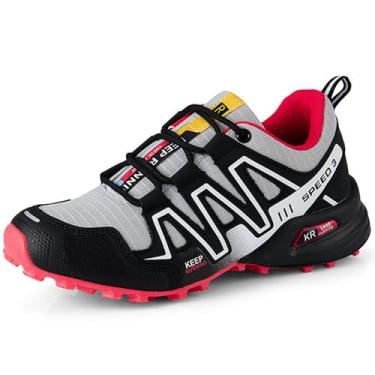 Imagem de ofohquf Tênis feminino de caminhada, resistente à água, tênis de caminhada, trilha, corrida, acampamento, antiderrapante, respirável, confortável, leve, Cinza, 37