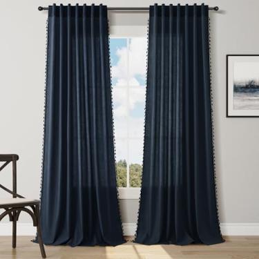 Imagem de Cortinas boho extralongas de 272 cm de comprimento, bolso para varão azul marinho e aba traseira filtrada e respirável, cortinas semitransparentes, boêmia fazenda decer, cortina de borla para sala de