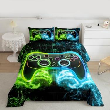 Imagem de jejeloiu Jogo de cama solteiro com estampa de gamer, verde e azul, para crianças, meninos, meninas, gamepad, edredom para decoração de quarto, 2 peças com 1 fronha
