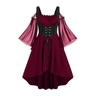 Imagem de ROSE GAL Vestido feminino punk plus size com ombro vazado, mangas flare, cadarço alto, baixo, evasê, midi gótico, vestido renascentista espartilho (vermelho_3/1X)