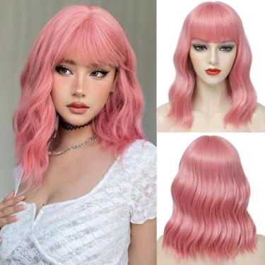 Imagem de Peruca Beelu Pink Bob com franja sintética para mulheres de 35 cm