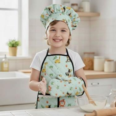 Imagem de Kit Avental Infantil de Cozinha Estampado com Touca e Luva - Mava Enxo