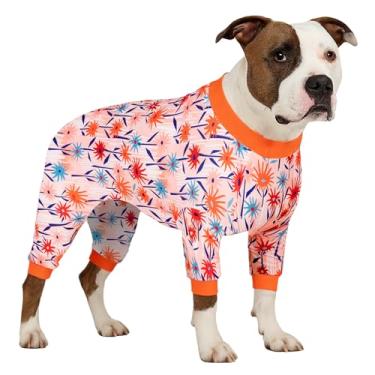 Imagem de LovinPet Roupas femininas para cães grandes, camisa de manga comprida para cães, pijama antilambida, tecido elástico confortável, estampa de chamas de flores silvestres, pijamas para Pitbulls