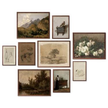Imagem de zhuoyaju 9 peças de decoração de arte de parede em tela vintage, conjunto de impressões de parede de fazenda para quarto, pôsteres rústicos para estética de quarto, kit de colagem de parede fotos para
