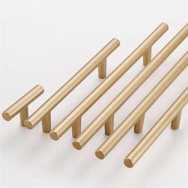 Imagem de CXYFQUUK Puxadores de armário de cozinha em latão dourado preto barra em T puxadores de porta reta diâmetro 96 mm puxador de móveis guarda-roupa 2 peças (latão dourado, orifício único)
