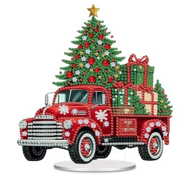 Imagem de Ammklfh Enfeite de mesa de diamante de Natal faça você mesmo, pintura de arte de diamante de cristal de caminhão vermelho, enfeites de mesa dupla face, caminhão vermelho, árvore de Natal, presente