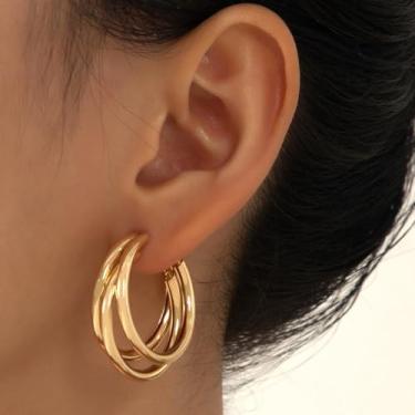 Imagem de Brincos de argola de ouro para mulheres, pequenos, banhados a ouro, argola dupla, hipoalergênicos, prata