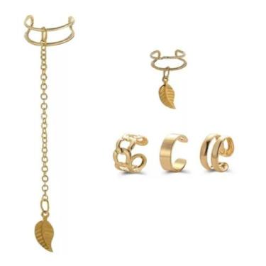 Imagem de Brincos de Pressão Femininos  Kit 5 Peças Douradas Folha - wb