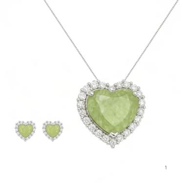 Imagem de Conjunto Coração Elegante Colar e Brincos com Pedra Fluorita Verde Corrente Veneziana 47cm Pingente 2,5cm Acabamento Brilhante