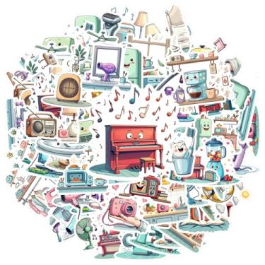 Imagem de 70 peças de eletrodomésticos, itens domésticos, rostos fofos, personagens de desenhos animados, música, papelaria, adesivos, adesivos engraçados, decalques para laptop, motocicleta, bagagem, telefone