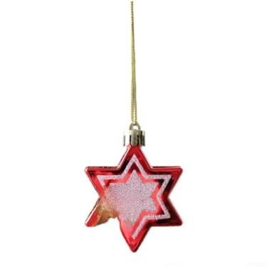 Imagem de Conjunto de 6 enfeites de árvore de Natal, em forma de cebola com padrão de doces de plástico e decoração de estrela de cinco pontas para pendurar para decoração de casa, vermelho