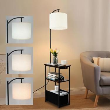 Imagem de Luminária de chão com mesa, mesa lateral estreita com cesta de tecido, estação de carregamento USB-A/USB-C e porta CA, lâmpada LED de 3 temperaturas de cor 12W, mesa de canto para quarto, sala de