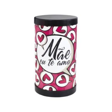 Imagem de Luminária de Mesa Decorativa com Tema de Amor, Design de Corações, Mensagem Mãe eu te amo, Base Preta, Cilíndrica, Vermelho e Bege