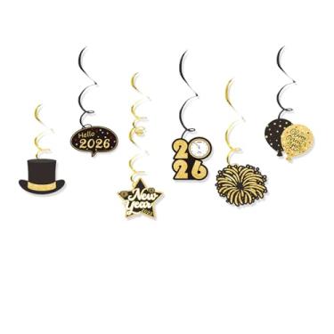 Imagem de Decoração de festa de feliz ano novo de 2026, decoração preta e dourada, festa de gala de Ano Novo e ornamentos pendurados (redemoinho)