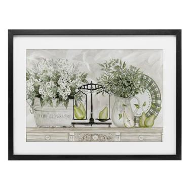 Imagem de Stupell Industries Flores e peras na prateleira impressão emoldurada preta sob vidro, design por Cindy Jacobs, 14 x 20