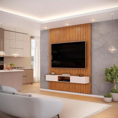 Imagem de Painel Ripado Com Bancada Suspensa Para Tv Até 65 Polegadas 183 Trento Freijó/off White - Dj Móveis