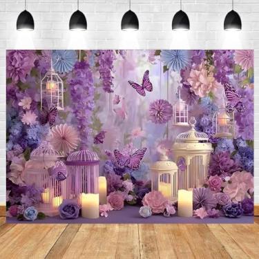 Imagem de Pano de fundo roxo romântico com glitter borboleta roxa flor lavanda fotografia de fundo de parede para festa de aniversário, decoração de festa de fada, adereços de estúdio de cabine de fotos de