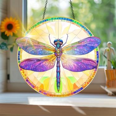 Imagem de Acrílico colorido Suncatcher, apanhador de sol estilo vitral impresso libélula com reflexos de arco-íris, decoração de janela suspensa, decoração de parede, ornamentos de Natal para uso interno e