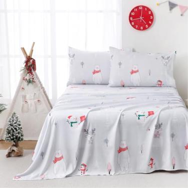 Imagem de Yibeizi Jogo de lençol infantil solteiro, urso cinza claro com estampa de boneco de neve para meninos e meninas, lençol de microfibra fofo com bolso profundo e fronhas 3 peças