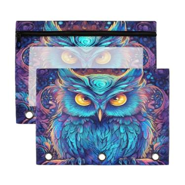 Imagem de Blueangle Bolsa de lápis de coruja neon para fichário de 3 anéis, pacote com 2 bolsas de lápis com janela transparente com zíper para escritório (326)