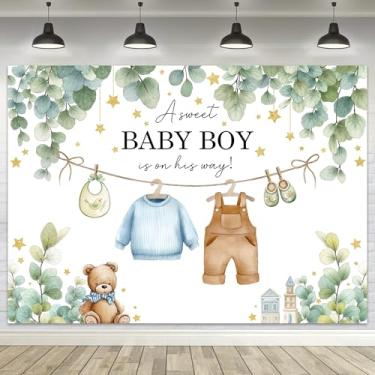 Imagem de LGhtyro Pano de fundo bonito para chá de bebê 7Wx5H A Sweet Baby Boy is On His Way Greenery Leaves Watercolor Eucalyptus Gold Newborn Photography Background Decoration Cute Fabric Photo Shoot Studio