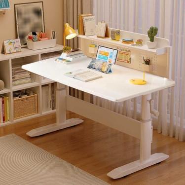 Imagem de Yadlan Kids Desks for Bedrooms Small Spaces, Height Adjustable Children Study Table, Children Desk with Detachable Bookshelf and Bulletin Board, Solid Wood Student Writing Desk Steel Frame White 80cm