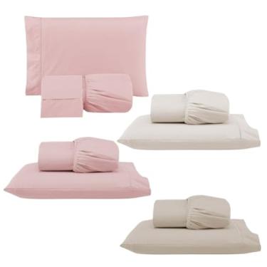 Imagem de Kit 4 Jogos de Lençol com Elástico e Fronha Bordada em Ponto Palito, 1 Casal Queen 198x158x35cm e 3 Solteiros 188x88x30cm (4 Jogos Versat(Queen:Rosê e Solteiros:Rosê/Palha/Cáqui))