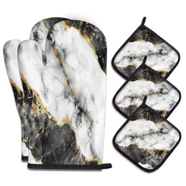 Imagem de MCALK Conjunto de 5 peças de luvas de forno pretas e suportes de panela, luvas de forno de mármore preto e almofadas quentes para cozinhar na cozinha, o suporte de panela de arte moderna é funcional e
