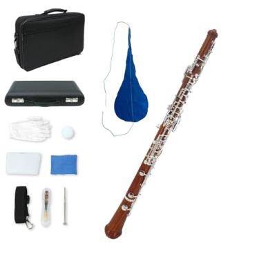 Imagem de Yinfente Oboé profissional banhado a prata jacarandá chave C esquerda F ressonância instrumento de sopro semiautomático com palheta de oboé, luvas e estojo de couro + bolsa de transporte, pano de