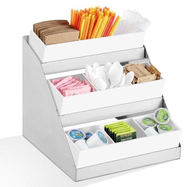 Imagem de Maxdot Organizador de pacotes e condimentos de 33,4 × 11,4 × 12,4 polegadas, dispensador de bancada de acrílico e aço inoxidável de 3 camadas para utensílios, 9 compartimentos, organizador de café
