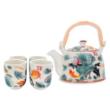 Imagem de Jogo de Chá com Bule de Porcelana 900ml com Infusor e 4 Copos 150ml | Kit Café Tokyo 30a(Branca com Flores e Carpas)