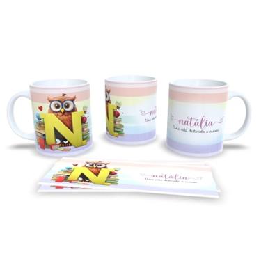 Imagem de Caneca de Cerâmica com Design de Coruja e Livros, 325ml, Decorativa para Professores, com Mensagem Motivacional em Português (N)