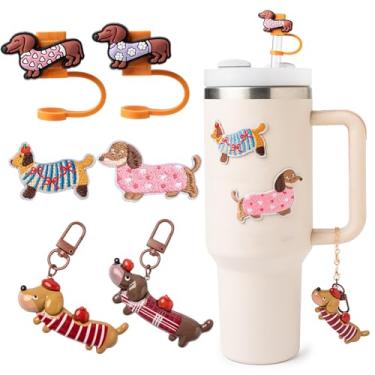 Imagem de 6 peças de acessórios para copos Stanley, acessórios de copo, 2 peças de topos de palha para cães dachshund, pingentes de alça de cachorro dachshund, adesivos com tema de dachshund para decoração