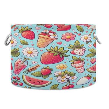 Imagem de JUZIHAI Caixa de armazenamento grande Strawberry Summer, cesto de roupa suja dobrável à prova d'água com alças de corda de algodão para organização doméstica no quarto, banheiro e carro