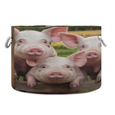 Imagem de JUZIHAI Cesta de armazenamento dobrável de porcos de fazenda, cesto de roupa suja, cobertor com alças de corda de algodão, caixa de brinquedos dobrável, organizador de armário para quarto, berçário
