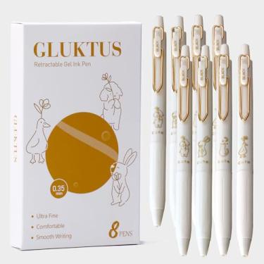 Imagem de GLUKTUS Canetas esferográficas retráteis de 0,35 mm, ponta ultrafina, barril branco, tinta gel preta, pacote com 8, escrita suave para diário, anotações, presentes fofos de material escolar de