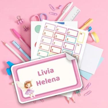 Imagem de Kit de Etiquetas Escolares Personalizadas Fadas 01, adesivos para identificar material escolar de menina com nome, cadernos, livros e lancheira