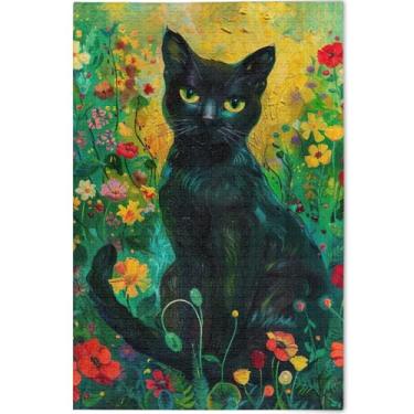 Imagem de Quebra-cabeça floral com flor de gato preto, 500 peças para adultos, presentes tecnológicos para amantes, personalizado, exclusivo, quebra-cabeça, brinquedo artístico, 52 x 37,8 cm
