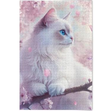Imagem de Quebra-cabeça personalizado com flores de gato Ragdoll rosa e branco, 1000 peças, presentes tecnológicos para amantes, cena de quebra-cabeça, quebra-cabeças coloridos, brinquedo de família, 75 x 50 cm